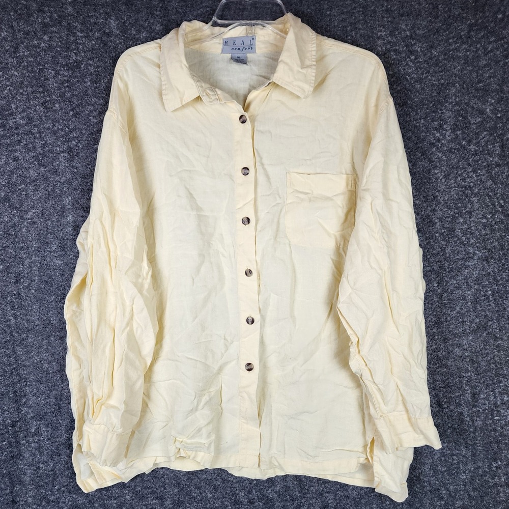 Real Comfort Shirt Womens 1XL Linen Button-Down Pale Yellow Relaxed EUC